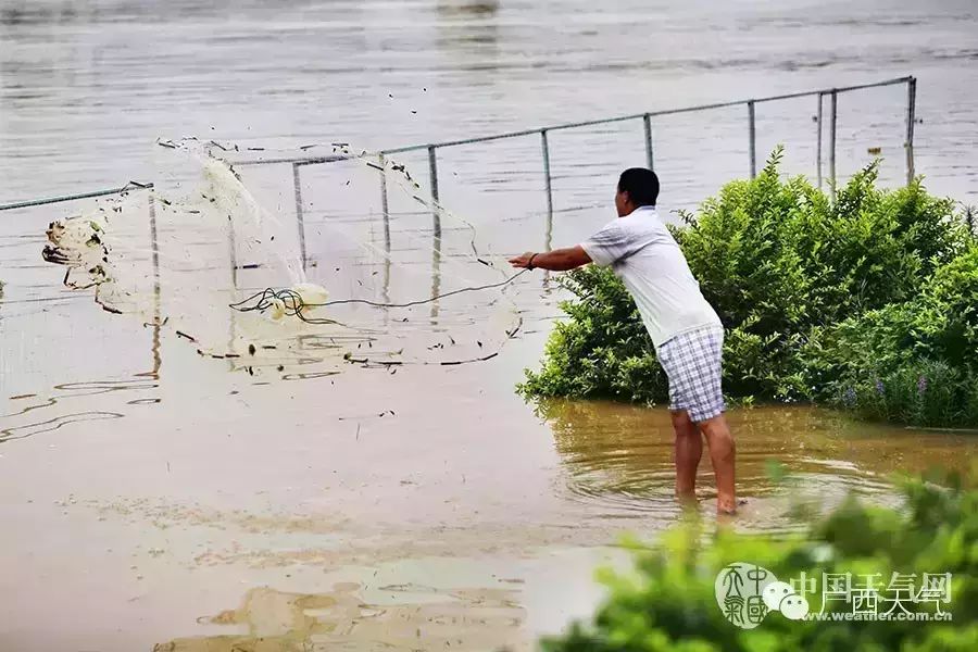 广西持续降雨致邕江水位暴涨 市民江边钓鱼作乐